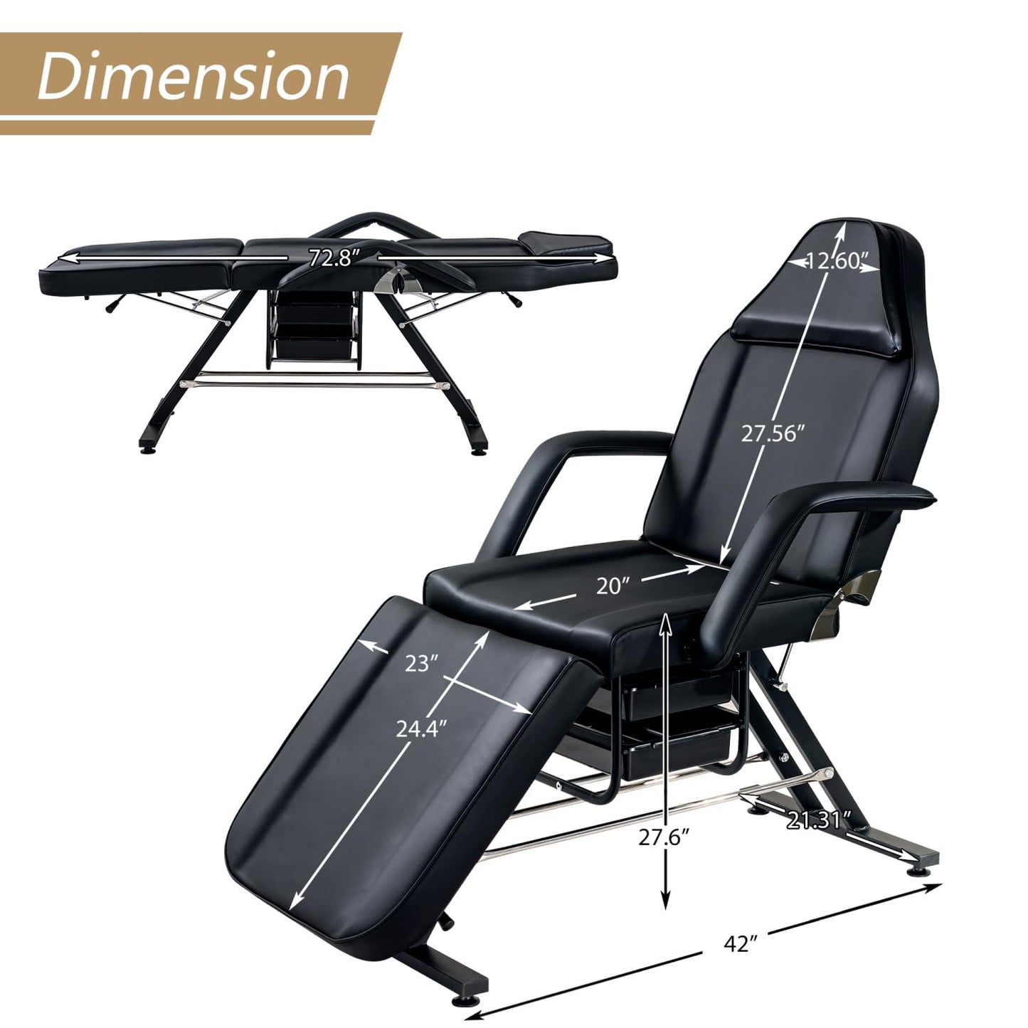 Massage Salon Tattoo Chair with Two Trays Esthetician Bed with Hydraulic Stool,Multi-Purpose 3-Section Facial Bed Table, Adjustable Beauty Barber Spa Beauty Equipment, Black