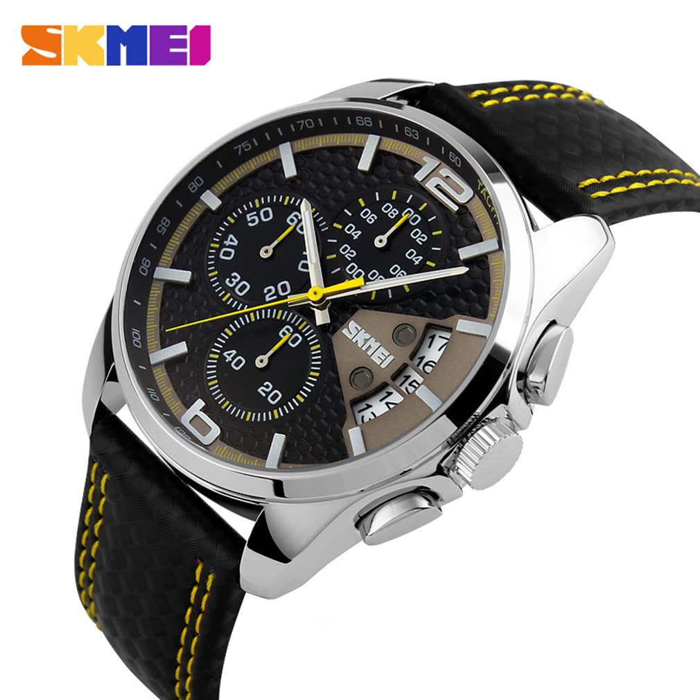 SKMEI Men Watches Black Leather Band Sports Large Big Face Luxury Waterproof Luminous Fashion Dress Casual Analog Quartz Chronograph Father Gifts Wrist Watch