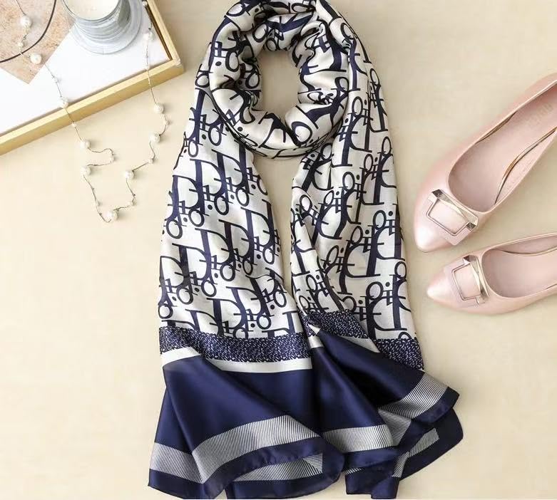 Designer Monogram Print Silk Scarf, Navy Blue and White, Luxury Fashion Accessory for women