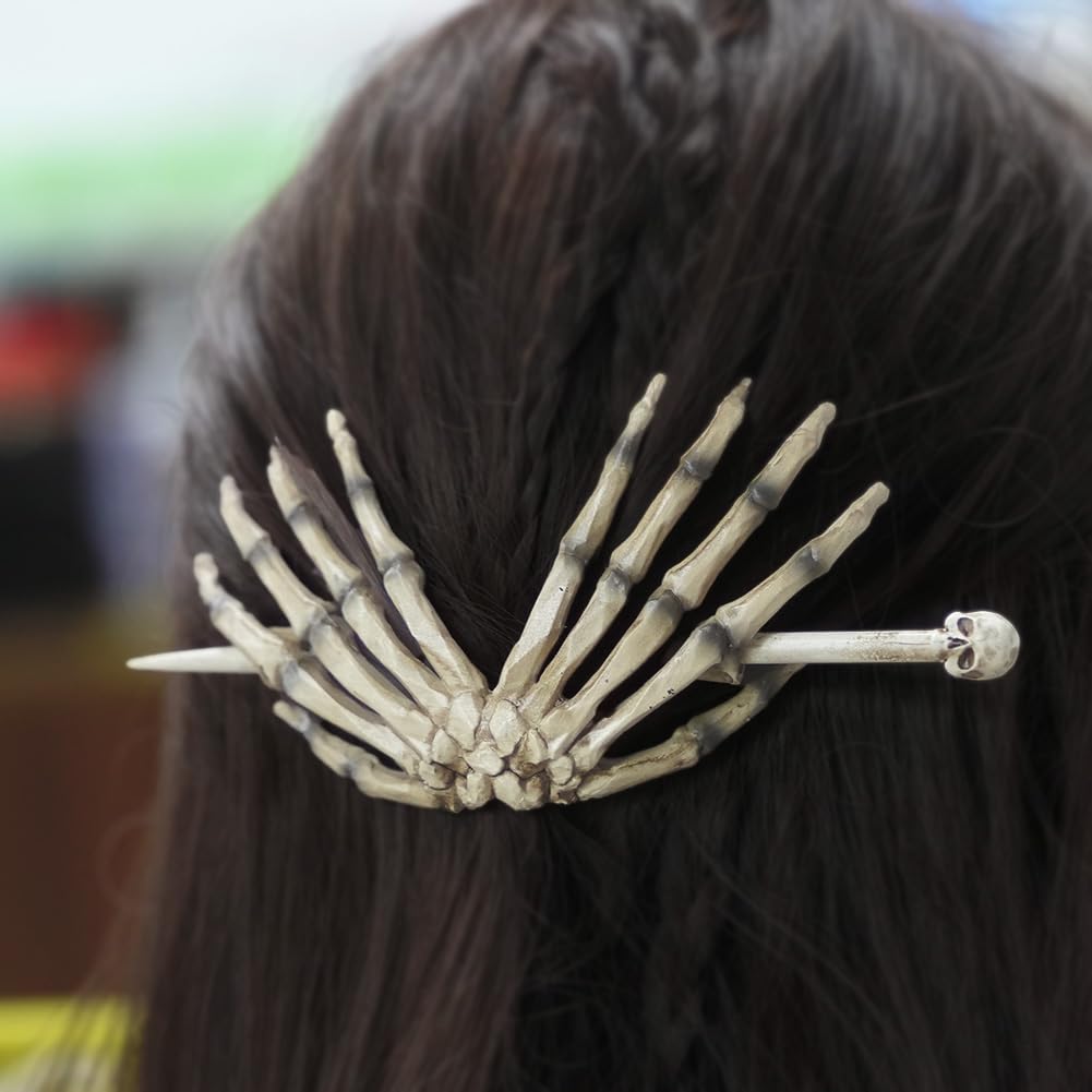 Skeleton Hand Hair Stick with Skull, Gothic Bone Hair Slide Barrette for Women, Halloween Cosplay Costume Hairpin, Faux Bone Res