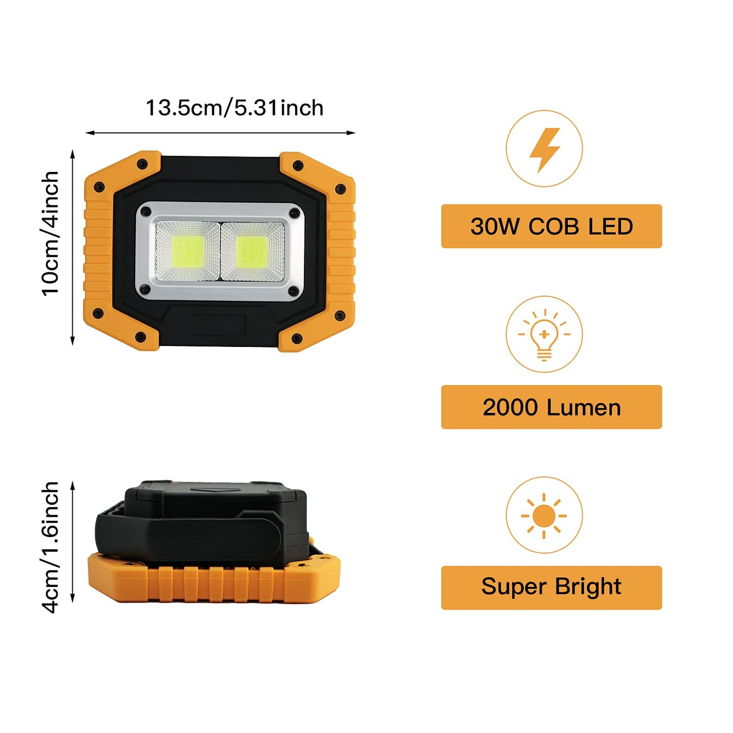 Tekstap LED Work Light Rechargeable, 30W 2000LM Portable Waterproof Rechargeable Work Lights with Stand, Battery Powered COB Flood Lights for Power Ouage Emergency Outdoor Camping Garage
