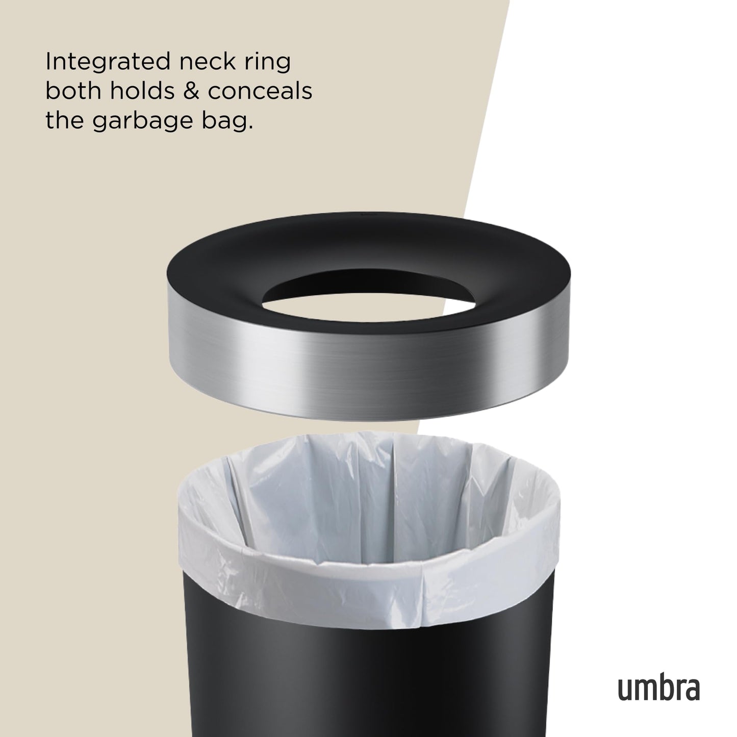 Umbra Vento Kitchen Trash Can with Open Top, Large 16-Gallon (62 L) Capacity, Black/Nickel