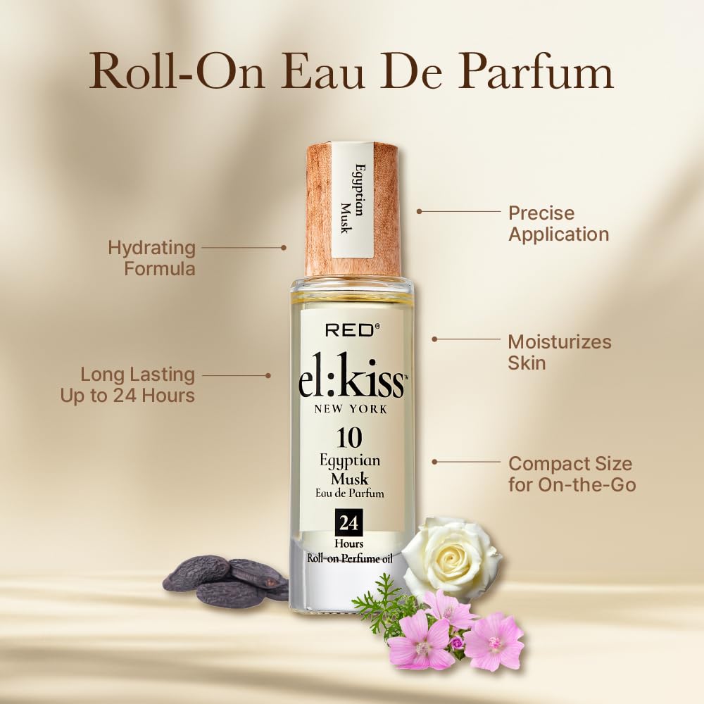 EL:KISS Roll On Perfume, Egyptian Musk Eau de Parfum 12mL (.40 Fl Oz), Hydrating & Long-Lasting, Alcohol-Free & Mineral Oil-Free, Infused with Jojoba, Argan & Coconut Oil