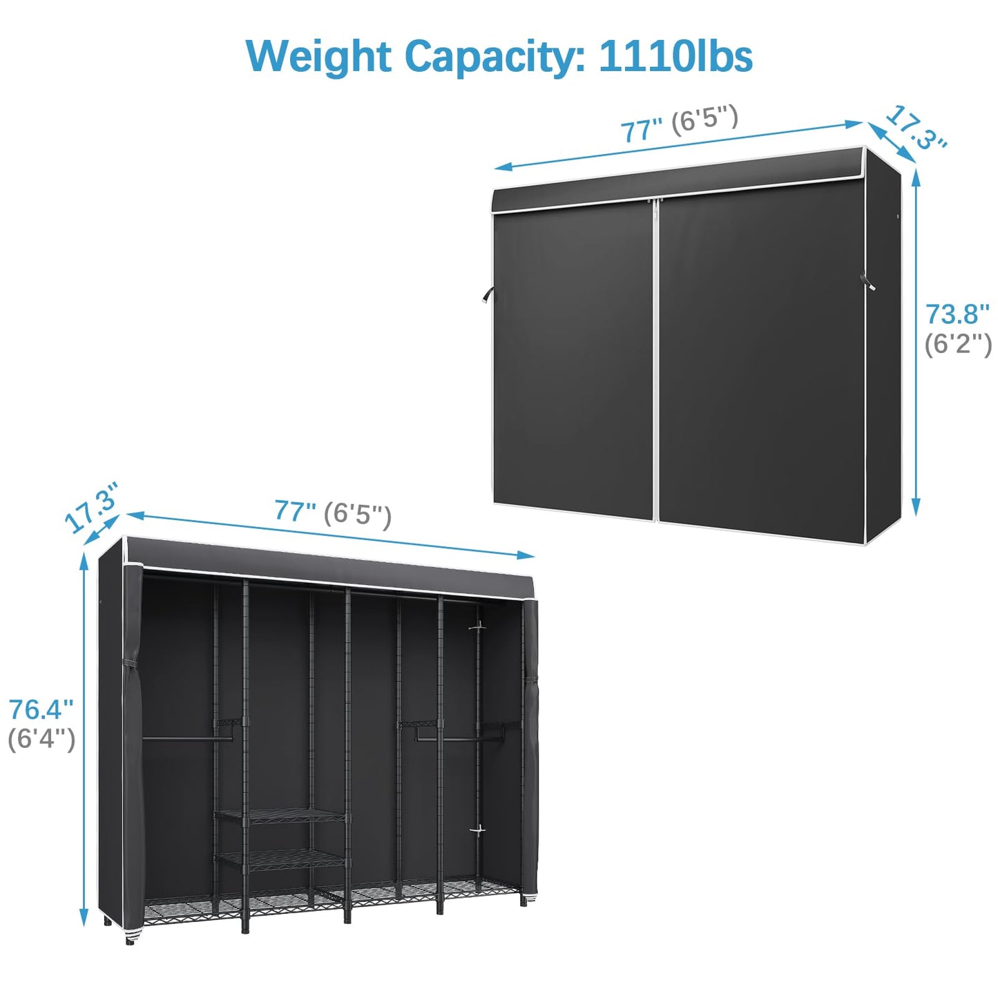 VIPEK V40C Covered Clothes Rack Heavy Duty Clothing Rack with Cover, Custom Freestanding Closet Portable Wardrobe Closet for Bedroom, Large Black Coset Rack with Black Oxford Fabric Cover