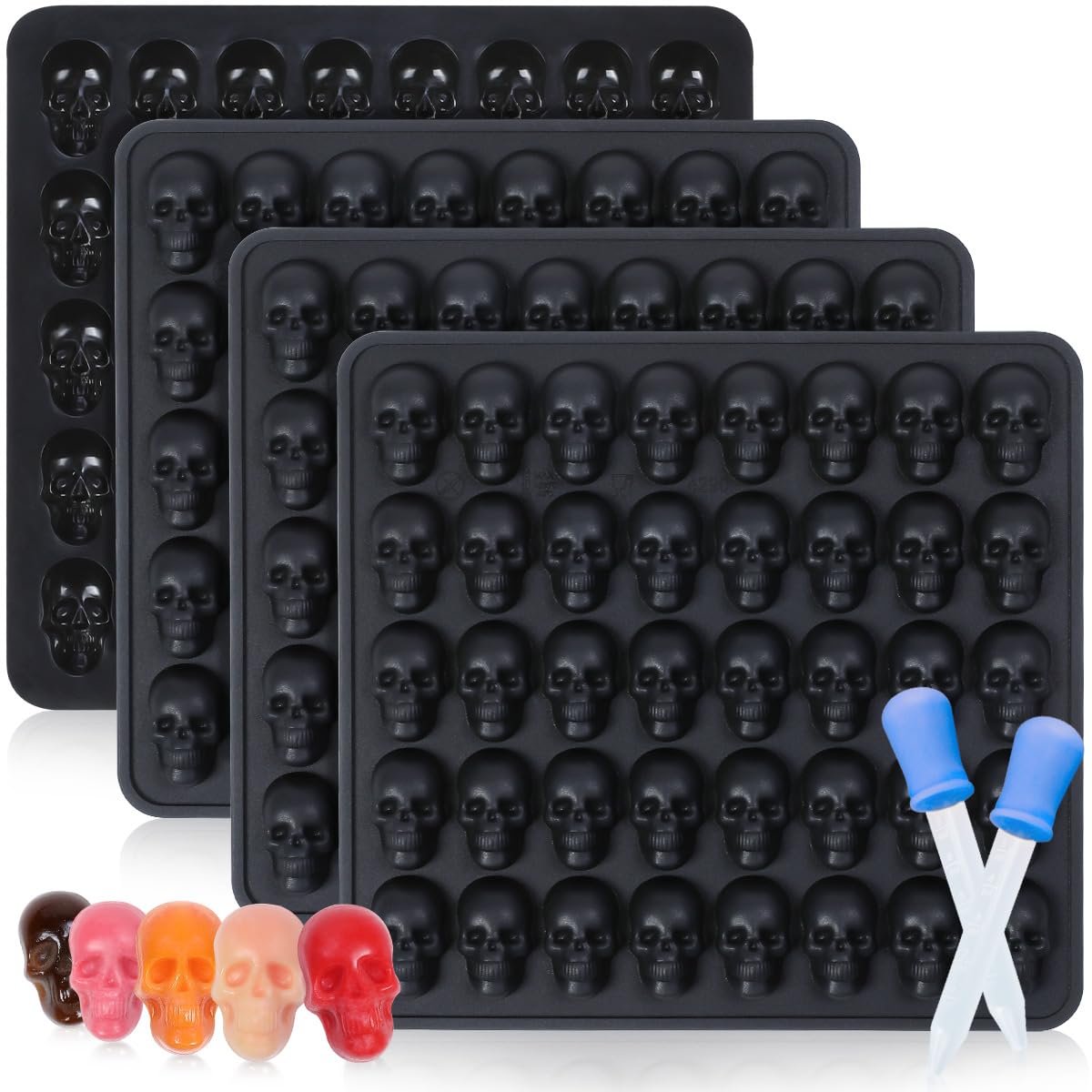 Skull Silicone Mold, 3ml Gummy Molds 4 Pack Silicone Skull Molds for Baking, Nonstick Halloween Candy Molds for Making Mini Gummies, Candy, Chocolate, Ice Cube