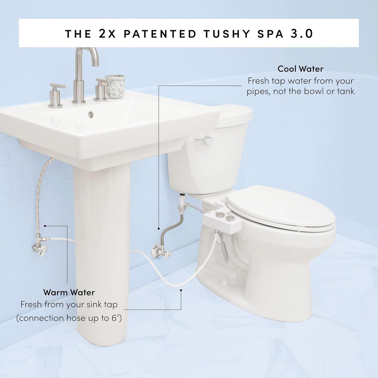 TUSHY Spa Warm Water Bidet Attachment for Toilet. Universal Fit, Easy Install (Requires Sink Access for Optional Temperature Control) Self Cleaning, Adjustable Pressure, Angle Control, Bamboo