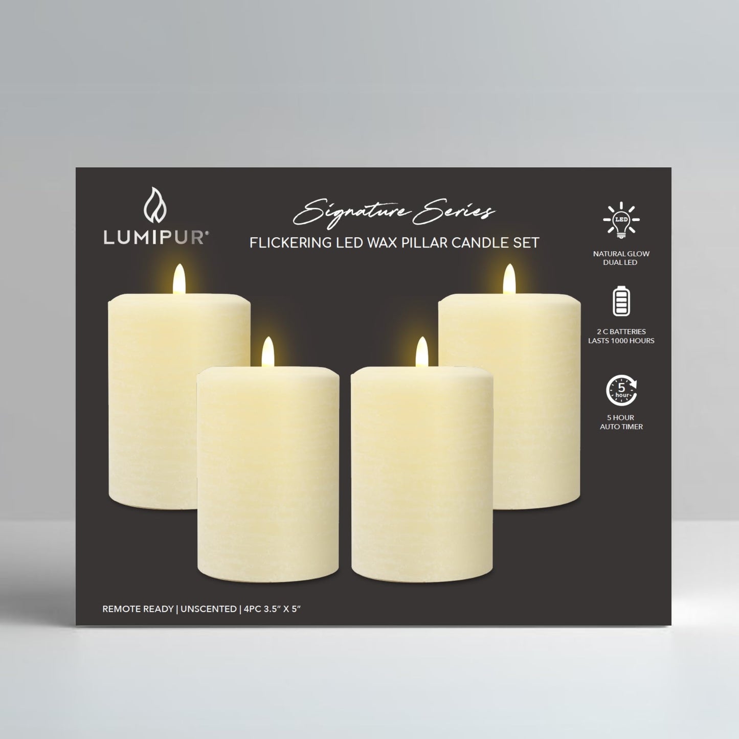 LumiPur Signature Collection Natural Glow Flickering Flameless 4 Pack LED Wax Pillar Candle (4 Pack 3.5" x 5", Linen White)