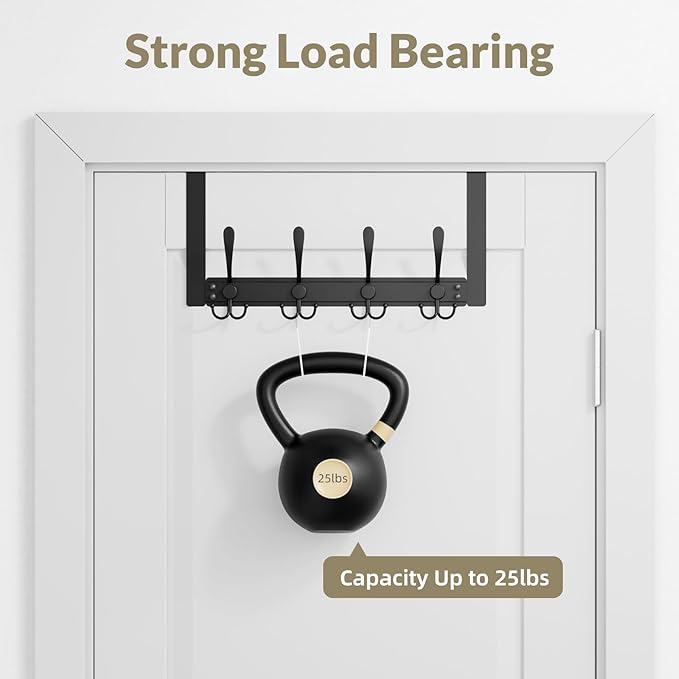 Heavy Duty Over The Door Hooks Rustproof - 25lb Over The Door Towel Rack, Over The Door Towel Hook, Door Hanger for Bathroom, Coat Rack Dorm Room Essentials (1Pack,Black)