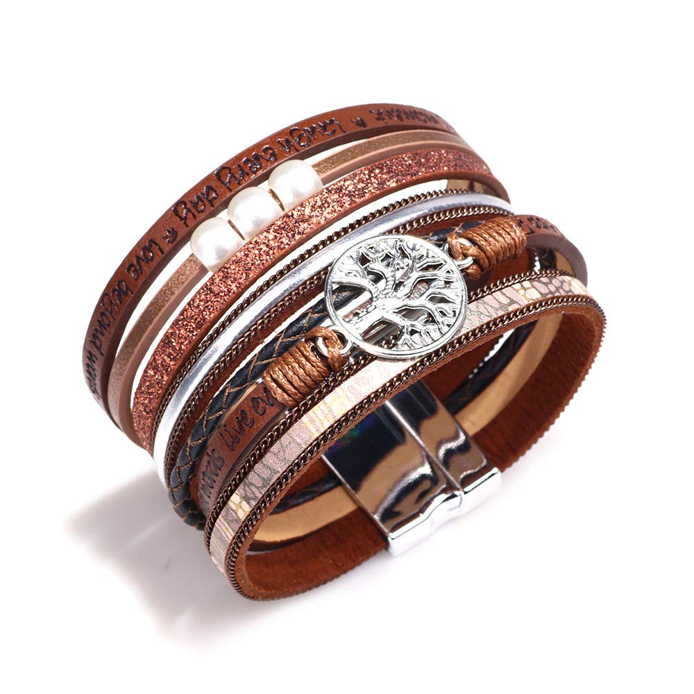 Fesciory Leather Wrap Bracelets for Women, Boho Leopard Multi-Layer Crystal Beads Cuff Bracelet Jewelry (Tree of Life(Brown))