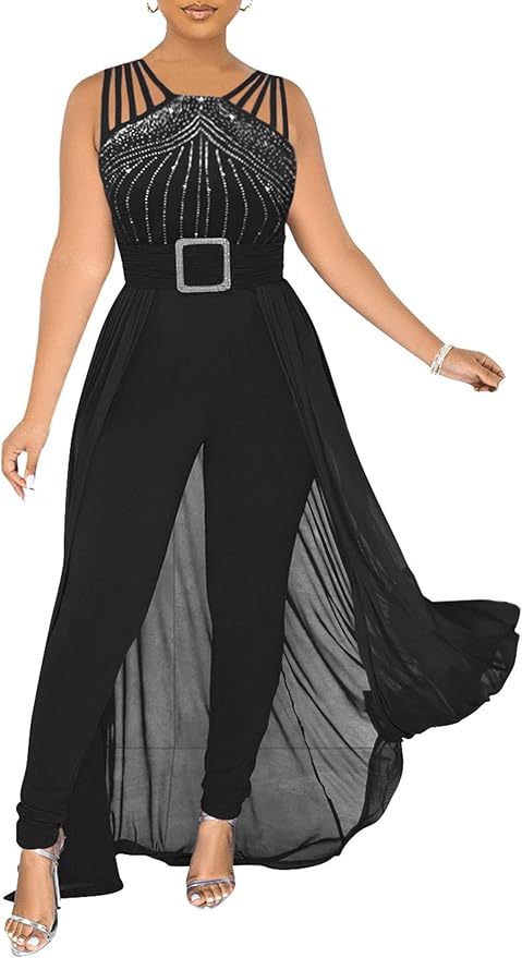 chicyes Womens One Piece Elegant Overlay Jumpsuit Dressy Sexy Bodycon Formal Sleeveless Rhinestone Romper Party Outfits
