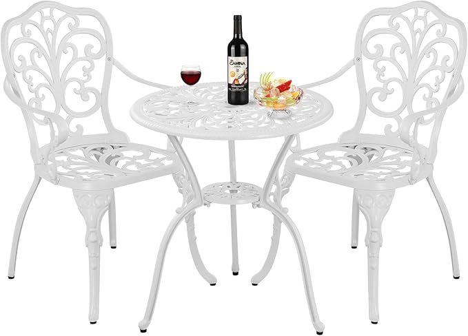 Withniture Patio Bistro Set 3 Piece Cast Aluminum Outdoor Bistro Set, Rust Resistance Bistro Table and Chairs of 2 with Umbrella Hole, Small Patio Set for Garden Outside, White