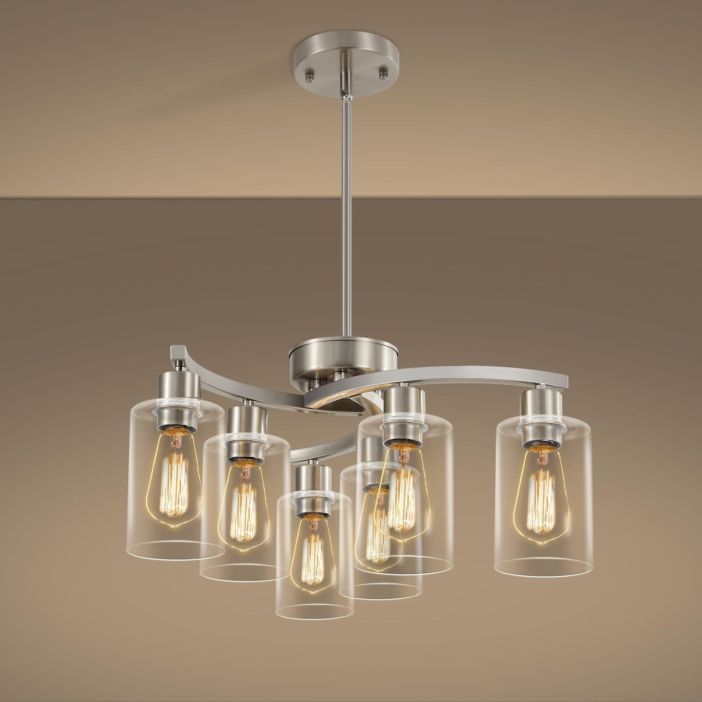 Sigaitwei 6 Light Farmhouse Brushed Nickel Chandelier,21.7" Modern Chandeliers for Dining Room Light Fixtures Over Table,Pendant Lights Kitchen Island,Metal Bracket with Downward Clear Glass Shade