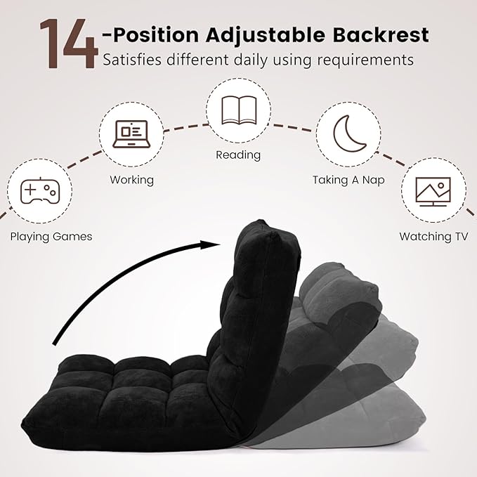 MAT EXPERT 14-Position Floor Chair, Floor Gaming Chair w/Soft Coral Fleece, Alloy Steel Frame, Padded Lazy Couch Recliner, Floor Chair with Back Support for Reading, Meditating, Playing Game (Black)
