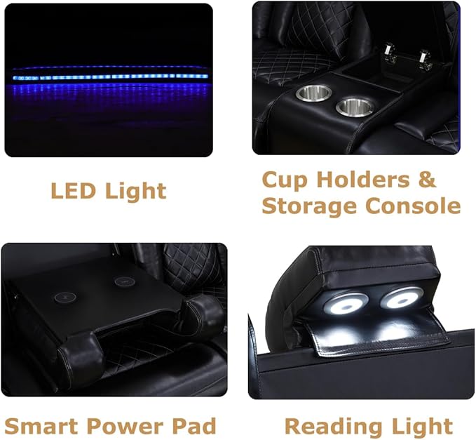 Toseslo Power Recliner Sofa Set, Black Leather 3 Pieces Sectional Couch, Living Room Furniture Sets with LED Light, Modern Power Reclining Sets with Storage Console/Cup Holder for Living Room