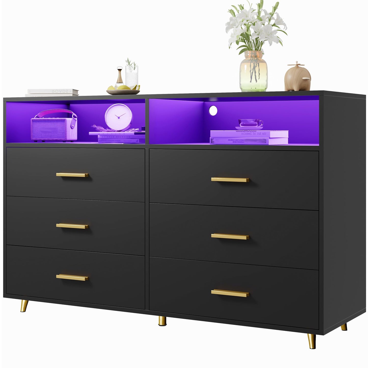 Black Dresser with LED Lights, Wood Dresser for Bedroom with 6 Wide Large Drawers,2 Open Shelves Top, Elegant Chest of Drawers for Clothes Storage Living Room Hallway Entryway, 47.2" W
