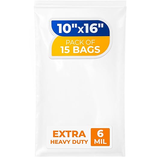 10" x 16" Medium Zip Seal Lock Bags, 6 Mil (Pack of 15) – Heavy-Duty Reclosable Plastic Bags – Clear, Resealable, Waterproof – For Storing and Organizing Clothes, Jewelry, and Travel Items