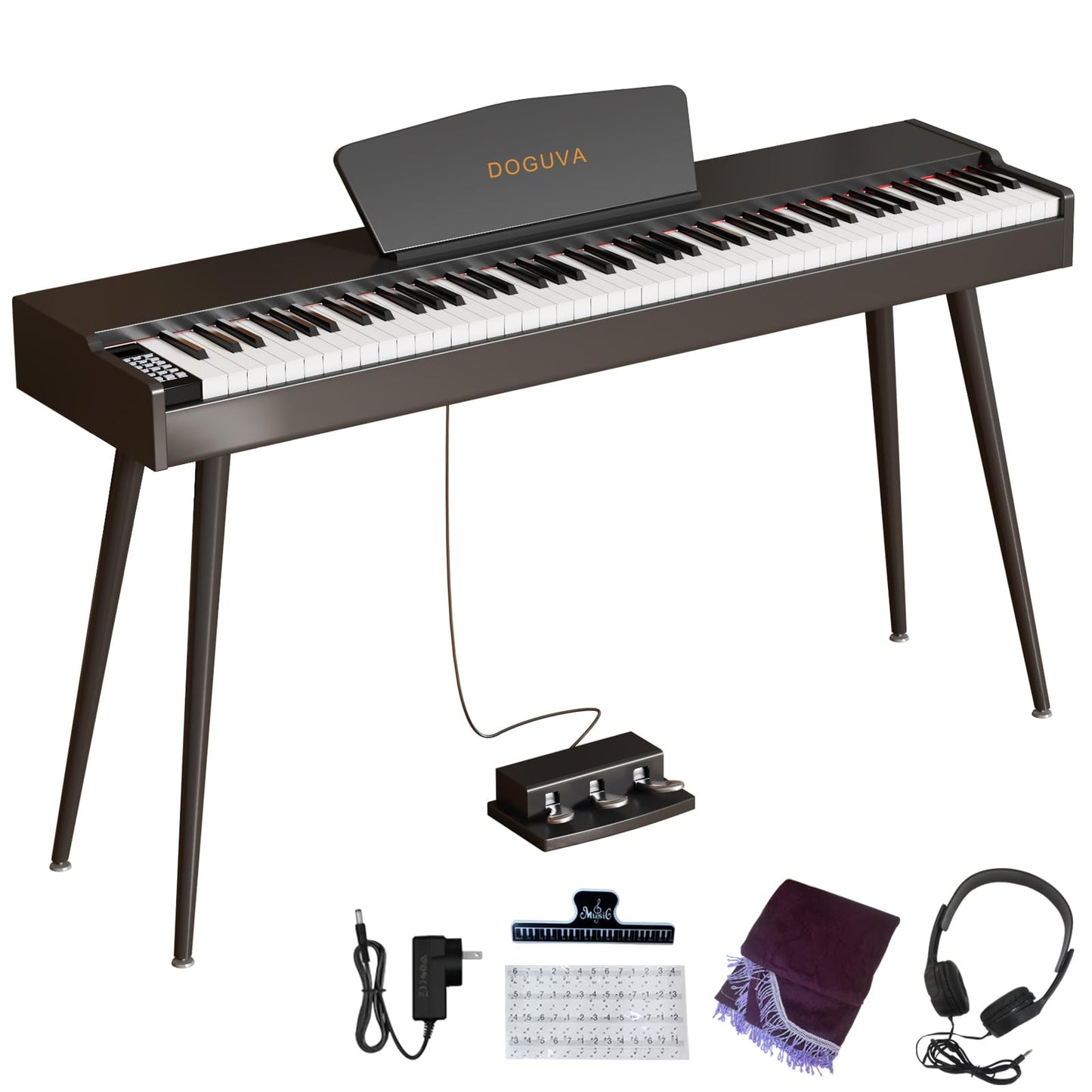 Doguva Digital Piano 88 Key Weighted Keyboard Progressive Hammer-Action Electric Piano For Beginners (Black) with Three-pedal Piano Cover Headphones Music Stickers