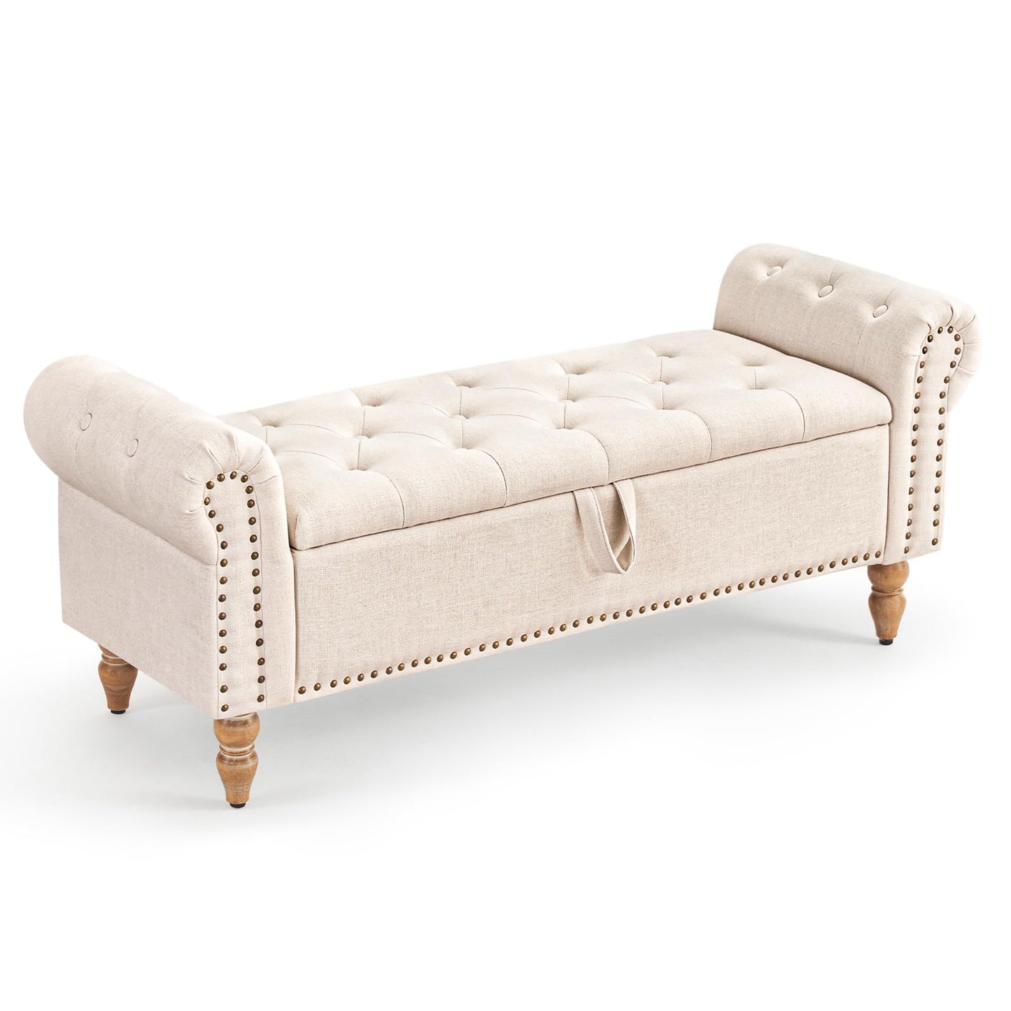 Furniliving 51” Storage Benches, End of Bed Bench with Button-Tufted Large Upholstered Storage Ottoman Linen Window Bench with Storage Shoe Cabinet Bench, for Bedroom, Entryway, Closet, Beige