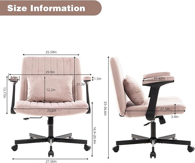 Furnimart Criss Cross Desk Char Wide Seat with Wheels and Arms, 360° Swivel Cross Legged Desk Chair Thick Cushion, Linen Comfy Armless Home Office Chair for Bedroom, Vanity, Sturdy (Light Pink)