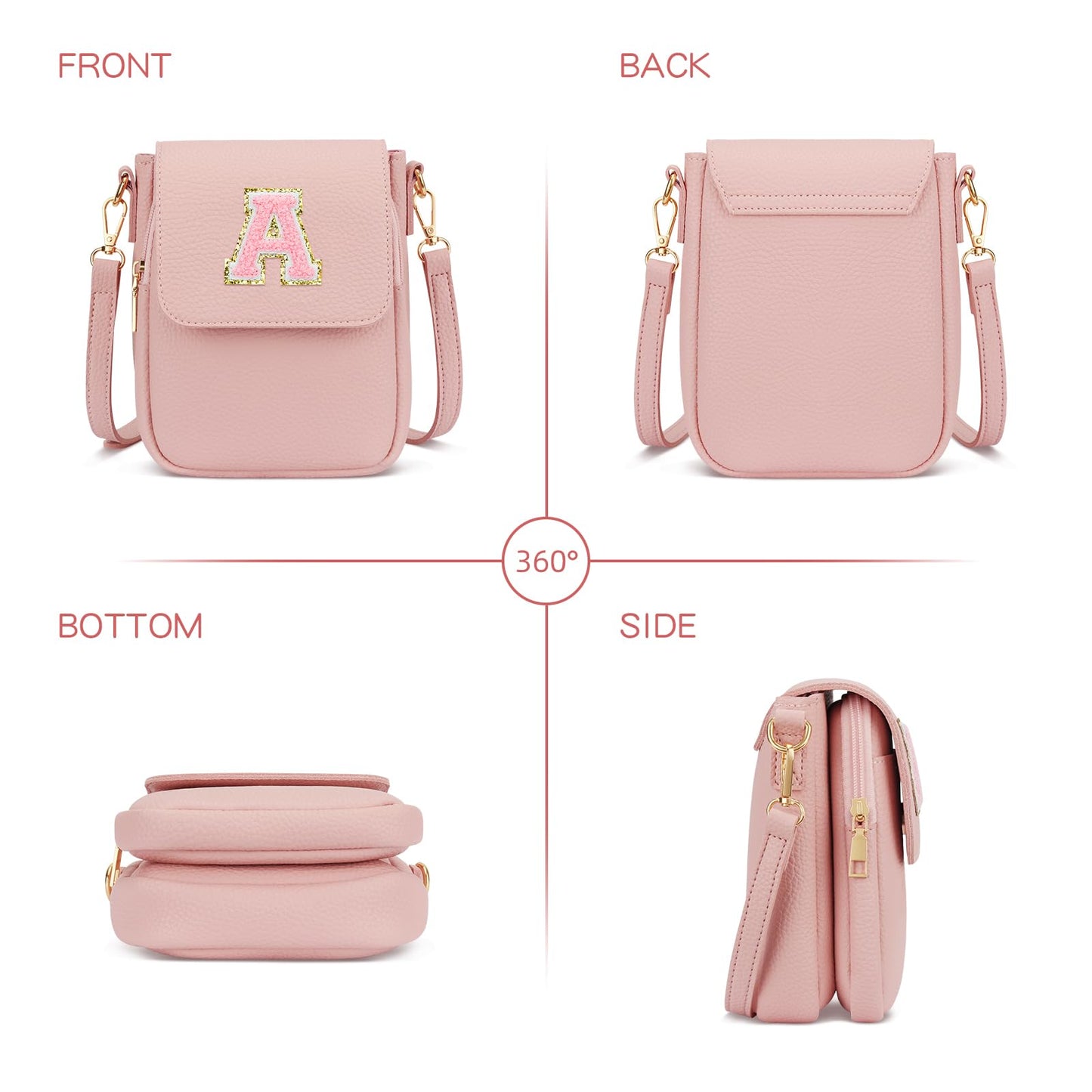 CLOUDWINGS Gift for Girls Small Initial Crossbody Bag for Teens Vegan Leather Cell Phone Kids Purse (Pink-A)