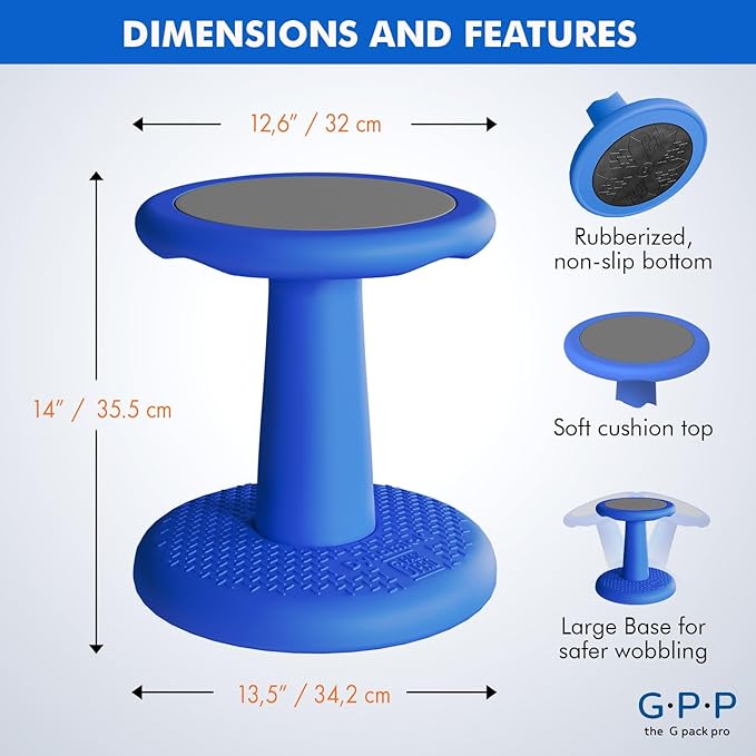 Gpack-pro Kids Wobble Stool – Improves Focus Attention – Non-Slip Base - Wiggle Chair Active Flexible Seating for Preschool Kindergarten Elementary School Party 14-Inch High (Blue)