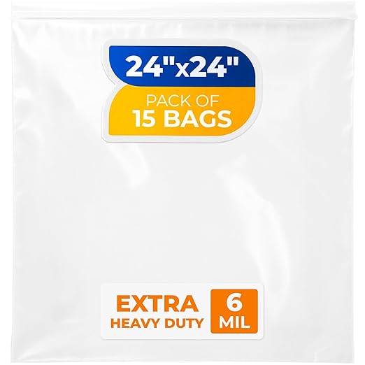 24" x 24" Extra Large Zip Seal Lock Bags, 6 Mil (Pack of 15) – Heavy-Duty Reclosable Plastic Bags – Clear, Resealable, Waterproof – For Storing and Organizing Clothes, Jewelry, and Travel