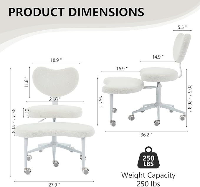 Cross Legged Office Chair with Wheels–360°Swivel Meditation Chair, Adjustable Height Yoga Office Chair for Adults, Ergonomic Kneeling Chair with Back Support for ADHD, Teddy Fabric, Ivory