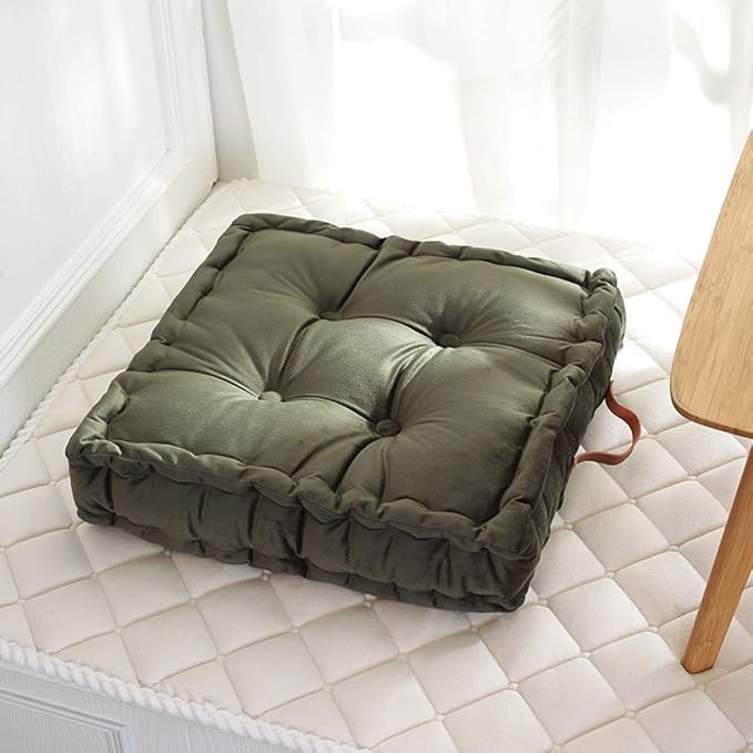 vctops Square Solid Color Velvet Seat Cushion with Handle Tufted Thicken Chair Pad Tatami Floor Pillow Cushion 16.5"x16.5"x4" Army Green