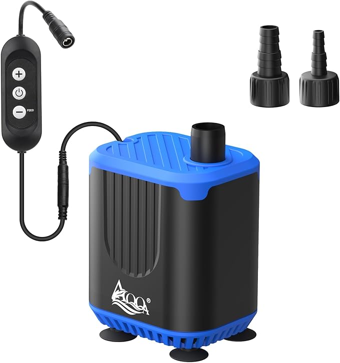 AQQA DC Aquarium Water Pump with Controller,4 Flow Adjustable,Feed Mode,IP68 Submersible Quiet Fish Tank Pump,3 Nozzles fo...
