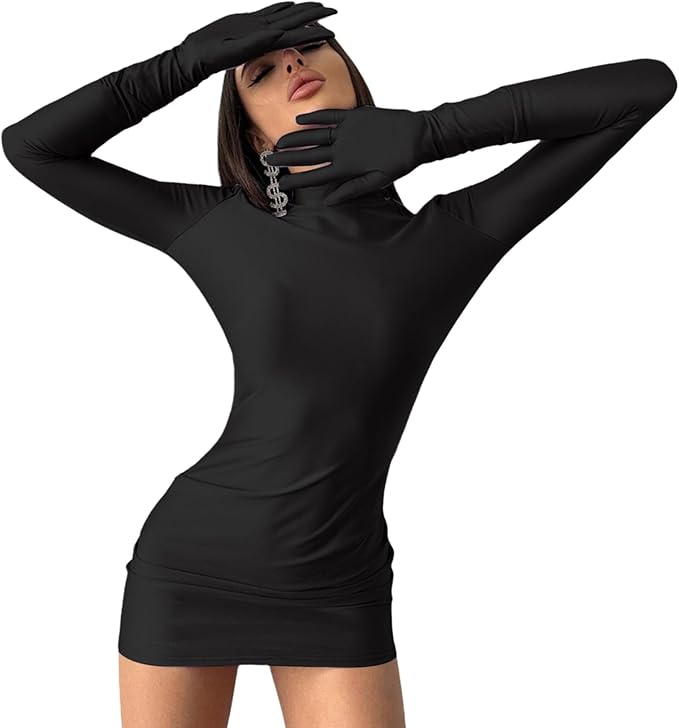 Caviotess Women's Sexy Turtleneck Mini Dress with Gloves Long Sleeve Bodycon Dress Party Festival Outfit Clubwear