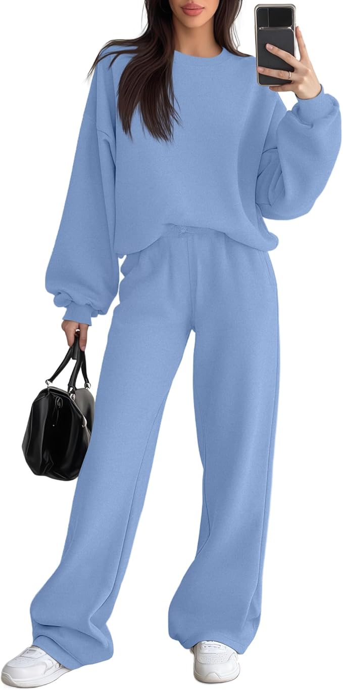 Sweetyweee Women's 2 Piece Outfits Set Fleece Lined Lounge Sweatsuit Crewneck Pullover Top Wide Leg Pants Casual Tracksuit