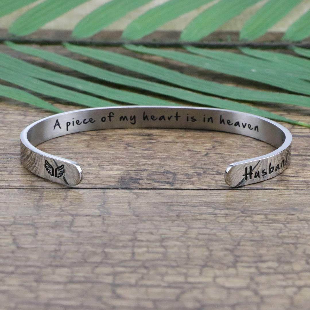 JoycuFF A Piece Of My Heart Is In Heaven Memorial Jewelry Loss of Husband Sympathy Gifts for Women Remembrance Mantra Cuff Brace