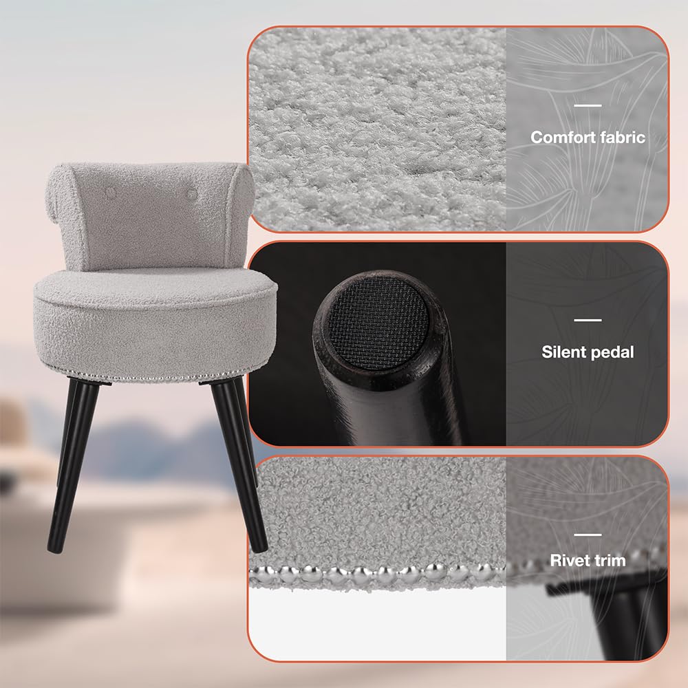 Sherpa Vanity Chair with Back for Bedroom - Tufted Upholstered Low Back Makeup Chair with Wooden Legs, Modern Elegant Dressing Table Stool for Dressing Room﻿(Grey)