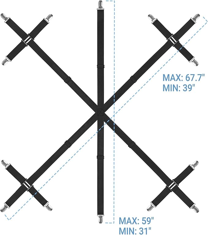 Mkono Bed Sheet Straps Fitted Sheet Clips Holder Keep Sheets Firm & Tight 6 Way Cross 14 Clips Sheet Suspenders for King Queen Twin Bed Round Square Mattresses Dorm Room Essentials, Black, 2 Pack