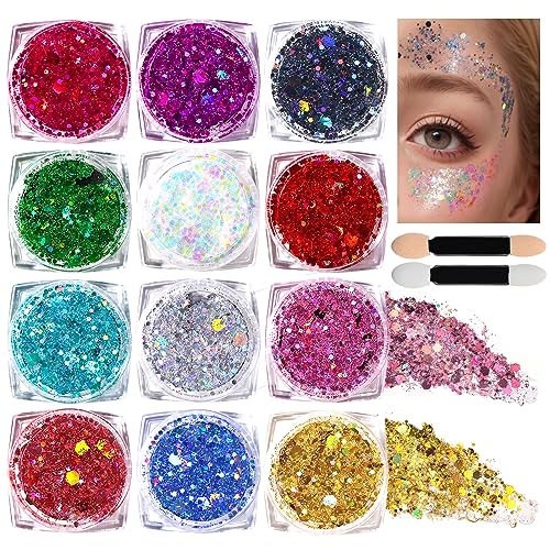 Teenitor Body Glitter Face Glitter Makeup Festival Glitter, 12 Colors Face and Body Glitter Gel, Hair Glitter Gel, Body Ma...