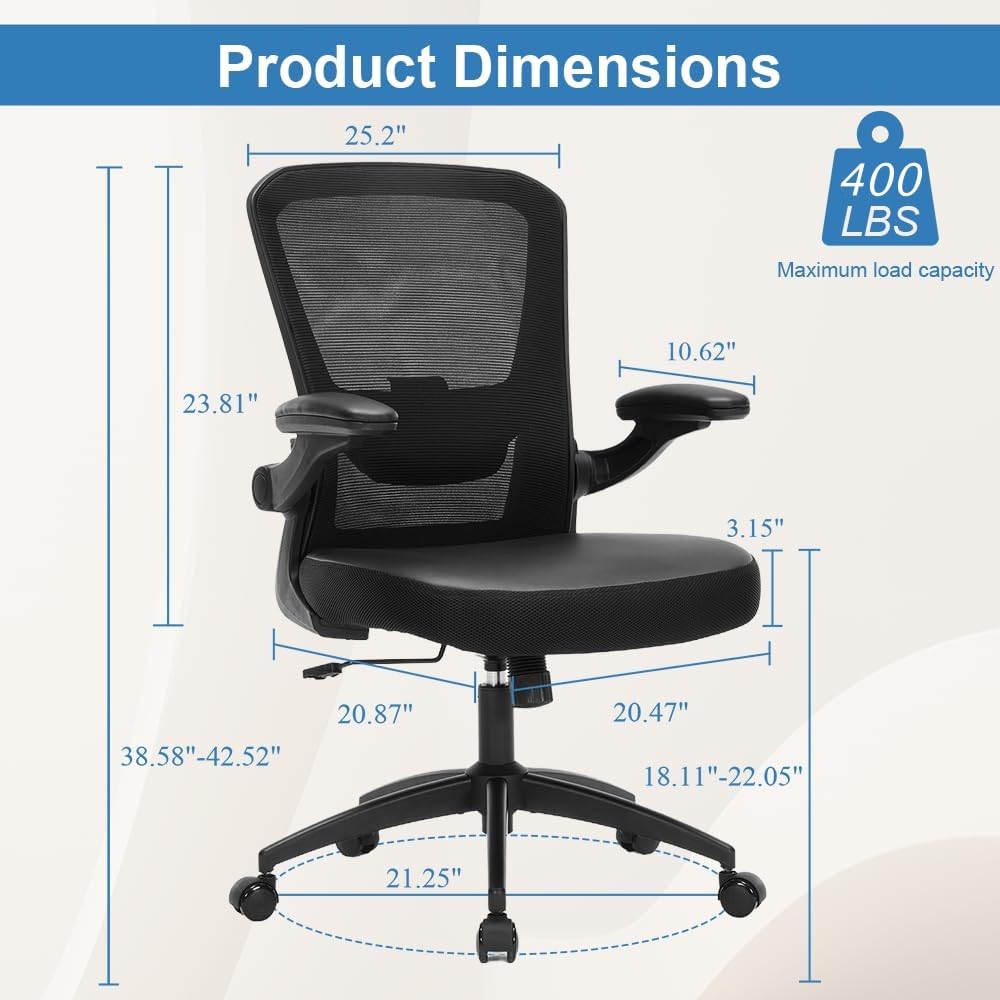 TOPBSHODC Ergonomic Office Chair 400lbs PU Leather Mesh Desk Chair with Lumbar Support, Flip-Up Arms, Swivel Wheels, Adjustable Height, Rolling Executive Computer Task Chair for Home Office,Black