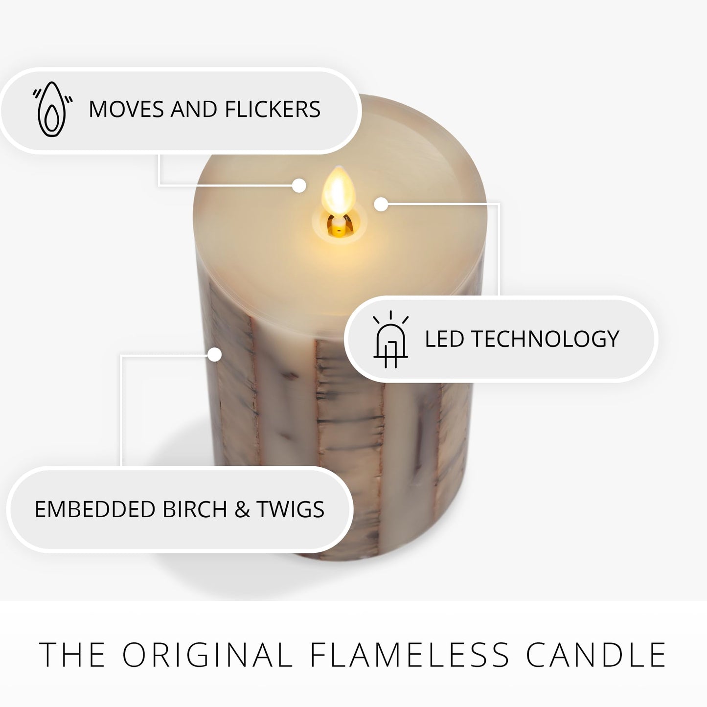 Luminara Embedded Birch Twigs Flameless LED Candle, 3.5" x 6.5", Moving Flame Real Wax Unscented, Battery Operated, Decorative Home Lighting Safe