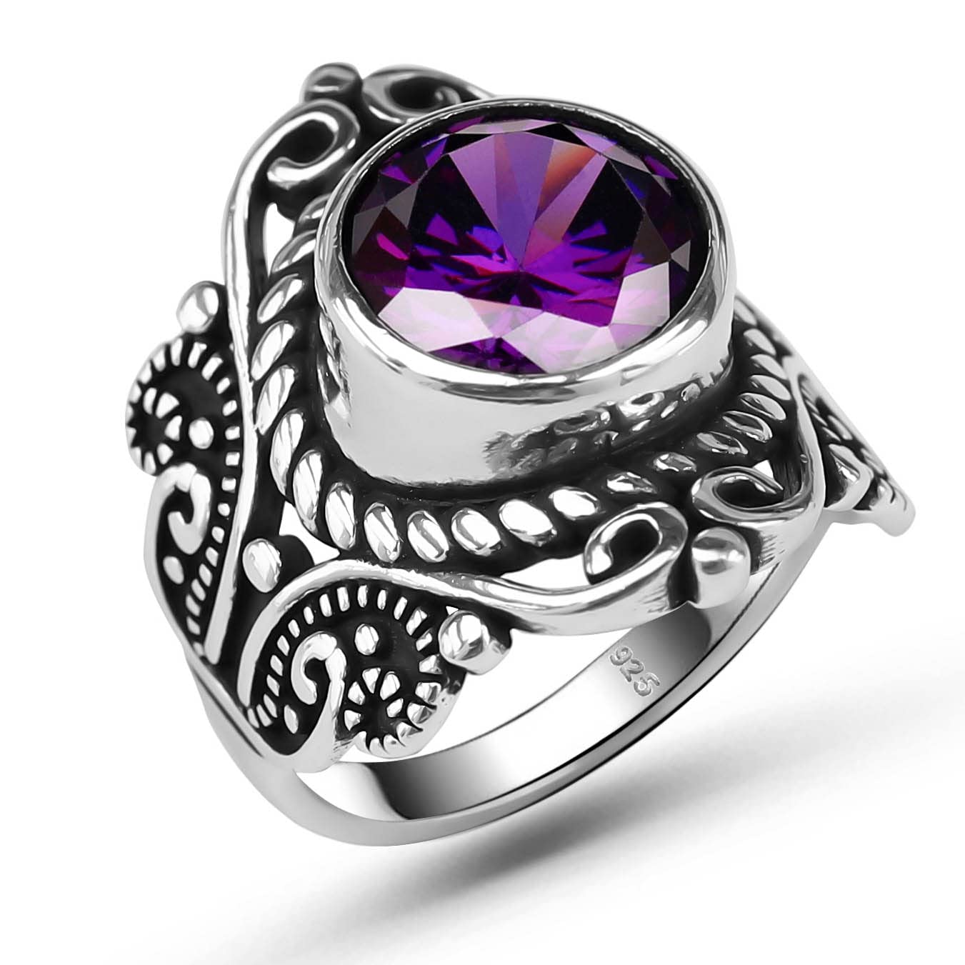 Genuine 925 Sterling Silver Round Shape Brilliant Cut Cz Cubic Zirconia Purple Amethyst Color Stone Luxury Statement, Anniversary, Birthstone or Gift for All Occasions Filigree Ring for Women (6)
