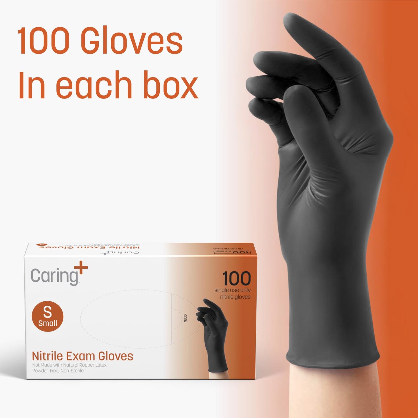 Caring Nitrile Exam Gloves,100 Count, Powder Free and Not Made with Natural Rubber Latex, Gloves for Medical Use, Cleaning, Food Prep and More, Small, Black
