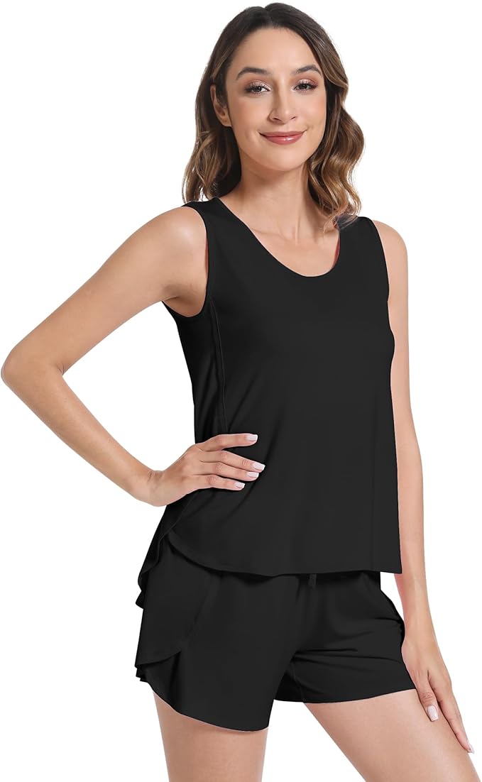 NACHILA Pajamas for Women-Viscose from Bamboo, Ribbed Racerback Tank Top Sexy Split Shorts Pajama Sets Cooling Sleep Cami Pjs