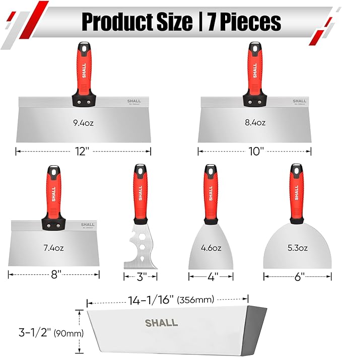 SHALL Drywall Tool Kit, 7 Pcs Stainless Steel Set Includes Putty Knife, Taping Knife, Painter Scraper Tool & 12" Mud Pan for Joint Taping, Finishing, Patching