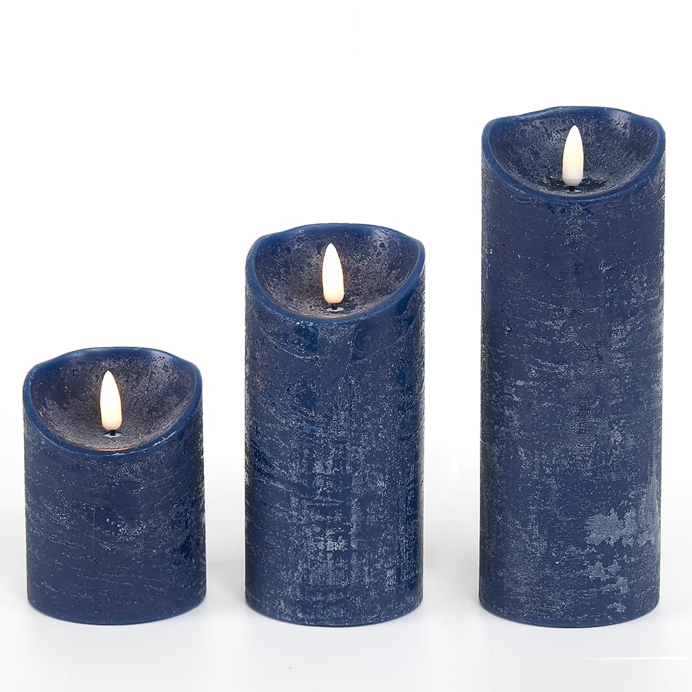 glowiu Flameless Candles with Remote LED Candles Set of 3, Battery Operated Candles for Party Home Wedding Holiday Birthday Decor (H 4" 6" 8" x D3) (Navy Blue)