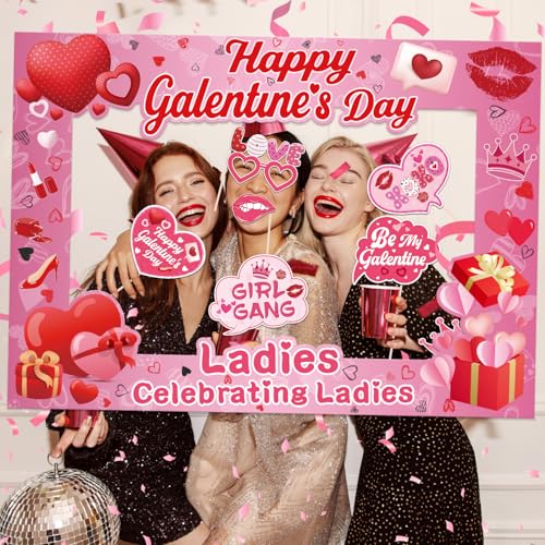 Galentines Day Decorations Photo Booth Props 16pcs Happy Galentines Day Decorations Photo Props for Party Pink Ladies Cele...