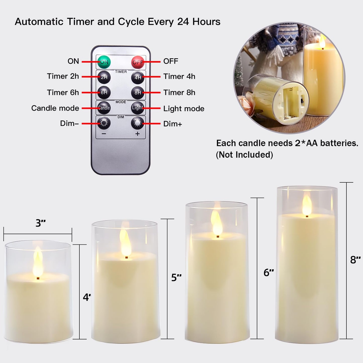 Fo32won Ivory White LED Flameless Pillar Candles Battery Operated with Remote and Timer, Pack of 5 (D 3"×H 4" 5" 6" 8" 8") Decorative Acrylic Flickering Candles with 3D Flame