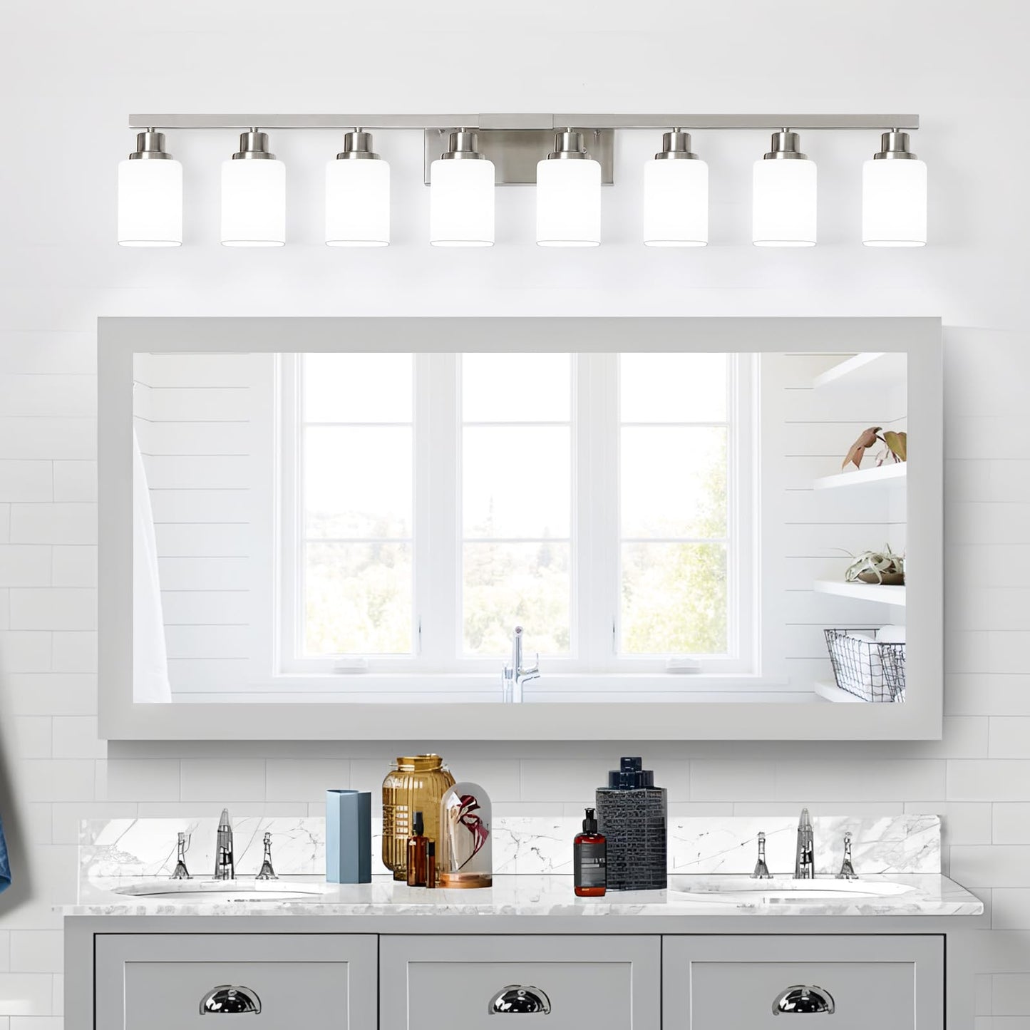 DIKAIDA 8-Light Bathroom Vanity Light,Brushed Nickel Vanity Lights with Square Frosted Glass,Modern Wall Lights Fixtures Over Mirror,Wall Sconces Lighting for Bedroom Living Room,E26