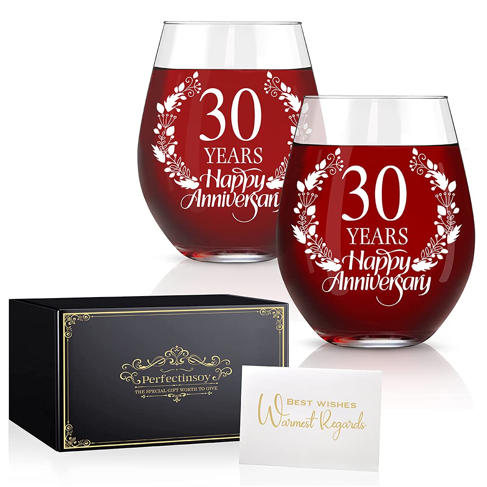 Perfectinsoy 30 Years Happy Anniversary Wine Glass Set of 2, 30th Anniversary Wedding Gift For Mom, Dad, Wife, Soulmate, Couple, Funny Vintage Unique Personalized, 30 Years Gifts