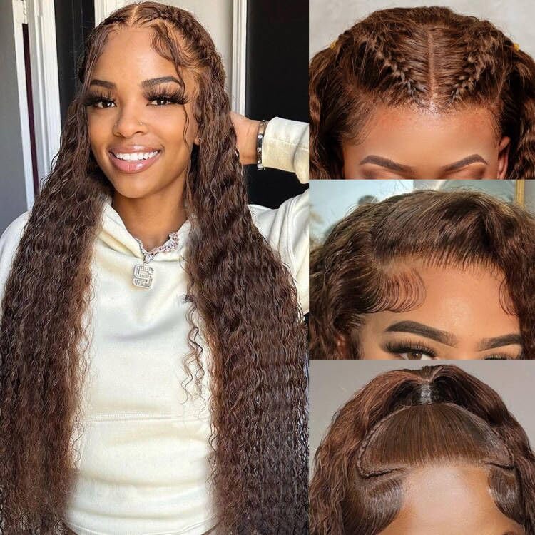 32 Inch Chocolate Brown Lace Front Wig Human Hair Pre Plucked Water Wave Lace Front Wigs Human Hair 180% Density Wet And Wavy 13