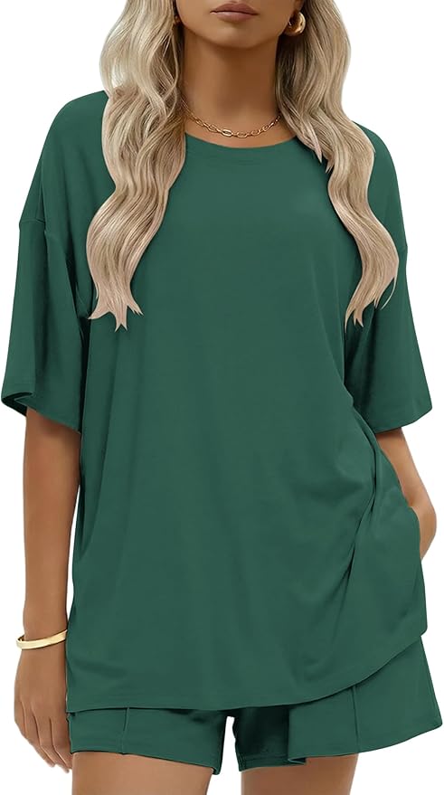 Ekouaer Womens 100% Cotton 2 Pieces Short Sets Summer Short Sleeve Outfits Casual Maching Lounge Set with Pockets