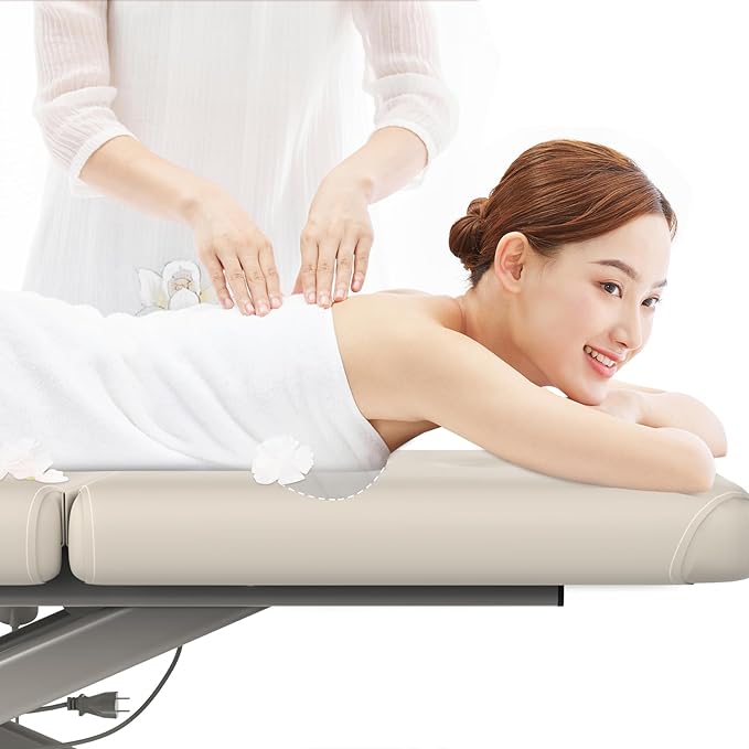 Heavy-Duty Electric Lift Massage Table with Electric Adjustable Backrest and Legs, Wide Physical Therapy Massage Bed with Wheels, Professional Spa Facial Bed, PU Leather, 32'' W × 75'' L