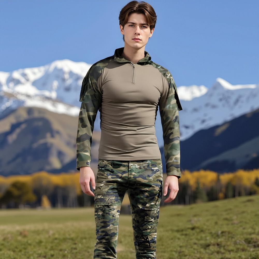 LANBAOSI Men's Tactical Combat Shirt and Pants Set Long Sleeve Woodland Hunting Military Uniform 1/4 Zip